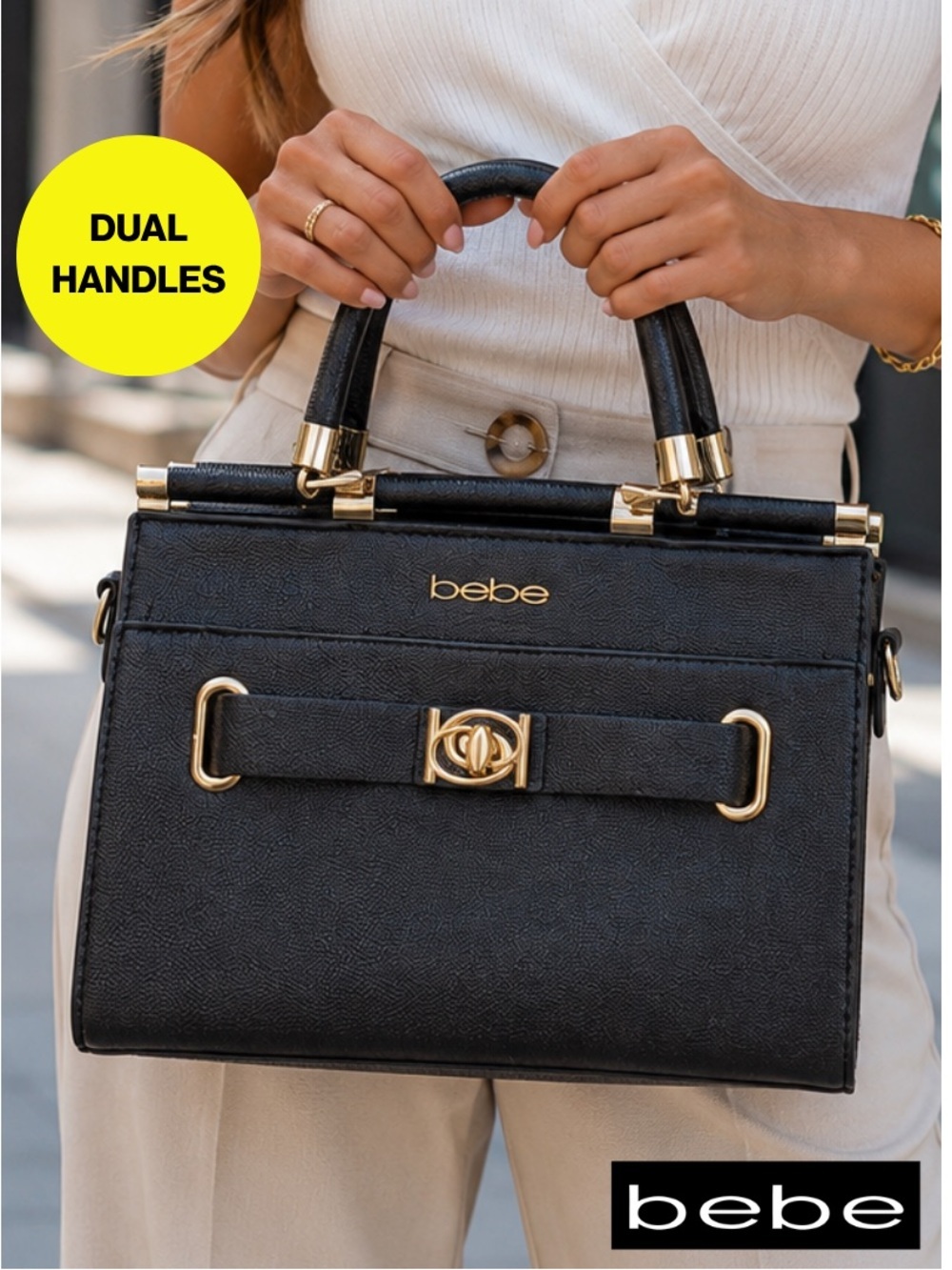 BEBE 🖤🌟 Black Structured Top-Handle Mini Satchel, Gold Hardware - 6x10”